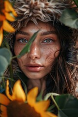 Sticker -  A young woman, her freckled hair framed by sunflowers, gazes at blue-eyed beauty amidst a sea of sunflower leaves