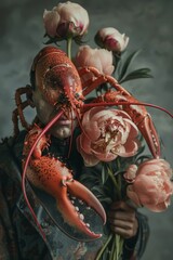 Wall Mural -  A man holds a bouquet of flowers, a lobster balances on his face, and another lobster lies before him
