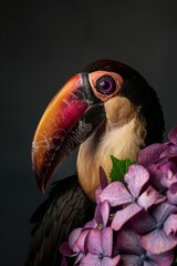 Wall Mural -  A tight shot of a towering toucan against a backdrop of darkness, adorned with a bouquet of flowers in the foreground