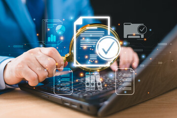 document management service concept. inspect check system, online document database approve, process