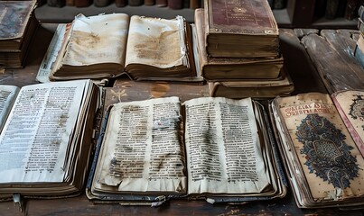 Wall Mural - A collection of opened Bibles and Tanakhs, each with aged, illuminated script, displayed on rustic wooden surfaces