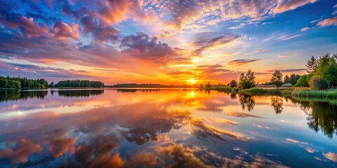 Wall Mural - Beautiful sunset reflecting over a tranquil lake , sunset, lake, reflection, sky, clouds, dusk, water, nature, peaceful, orange