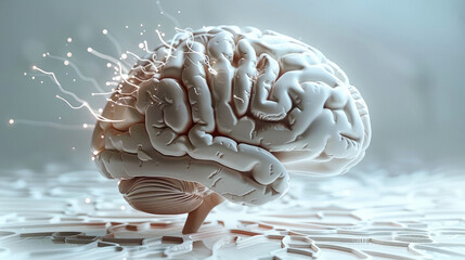 Aufkleber - know-how on artificial intelligence, compact, a artificial brain in the centre, light background. Generative AI.