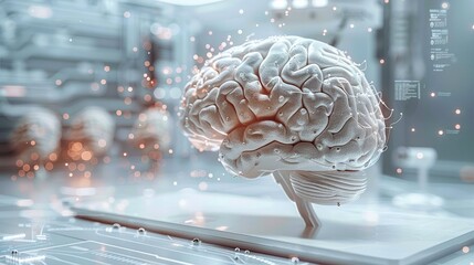 Aufkleber - know-how on artificial intelligence, compact, a artificial brain in the centre, light background. Generative AI.
