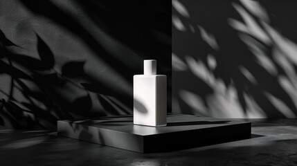 Sticker - Mock up white abel perfume bottle on black table, natural light background, Ai generated Images