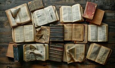 Wall Mural - A collection of opened Bibles and Tanakhs, each with aged, illuminated script, displayed on rustic wooden surfaces