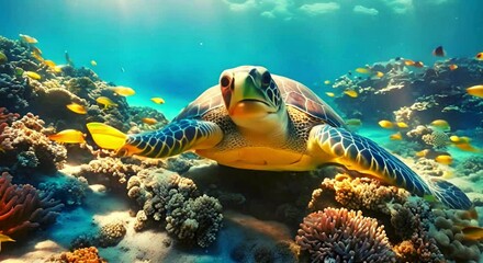 Wall Mural - Turtle and coral reef in the sea