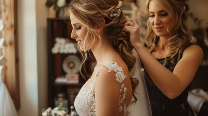 Wall Mural - Maid of honor helps prepare the bride