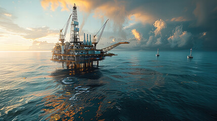 Poster - The oil drilling platform is located in the sea, with high angles. Generative AI.