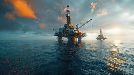 Poster - The oil drilling platform is located in the sea, with high angles. Generative AI.