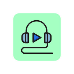 Poster - Audio lesson line icon. Headphone, play symbol, tutorial, class. Online education concept. Can be used for topics like distance courses, elearning, media content.