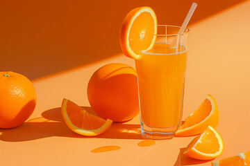 Wall Mural - Gut health commercial photography, orange and light orange background with orange juice in a glass, fresh cut orange slices next to it, a straw inside the cup, minimalist style