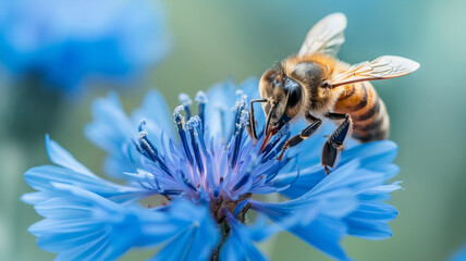 Wall Mural - Bee collecting nectar from a blue flower in close-up macro view.