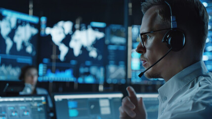 Man using futuristic control room technology