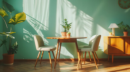 Wall Mural - Mint color chairs at round wooden dining table in room with sofa and cabinet near green wall. 