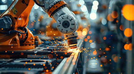 Leinwandbilder - Automaton robot arms working in industrial factory making car parts. Generative AI.