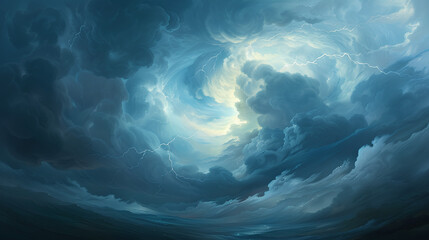 Wall Mural - An artistic interpretation of a thunderstorm, featuring swirling, dark clouds with flashes of lightning illuminating the dramatic and turbulent sky.
