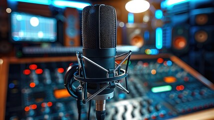Poster - Professional microphone and headphones in a modern radio studio, clear sound quality, broadcasting focus. Generative AI.