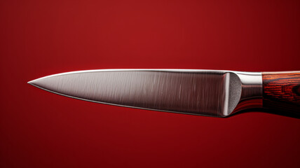 Stainless steel knife with wooden handle on a red background.