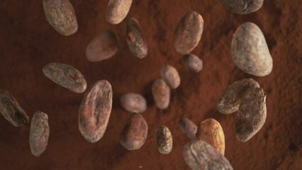 Poster - Super Slow Motion of Falling Group of Cocoa Beans. Falling Down into Cocoa Powder. Filmed on High Speed Cinema Camera, 1000fps.