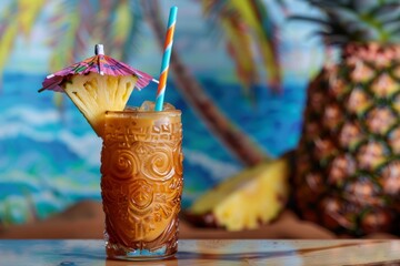 Wall Mural - Tropical Cocktail with Paper Umbrella and Pineapple Slice at Beach Bar for Summer Vacation Fun