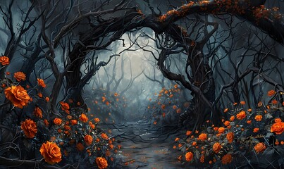 Wall Mural - A dark forest with a mysterious gateway, bordered by twisted, thorny branches and vibrant orange flowers