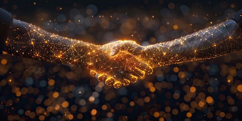 Wall Mural - isolated illustration of the business handshake with a golden dust effect sparkle stardust glittering with gold particles on dark background polygonal wireframe.stock image