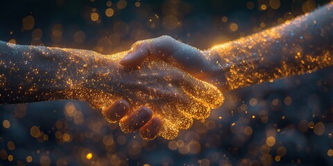 Wall Mural - isolated illustration of the business handshake with a golden dust effect sparkle stardust glittering with gold particles on dark background polygonal wireframe.stock photo