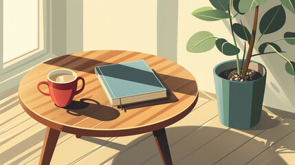 Wall Mural - A vector representation of furniture and interior decoration, in which the central element is a wooden coffee table with a cup of coffee or tea and a book.