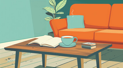 Wall Mural - A vector representation of furniture and interior decoration, in which the central element is a wooden coffee table with a cup of coffee or tea and a book.