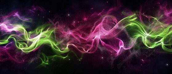 Wall Mural - A colorful, swirling line of green and purple with a lot of sparkles. Digital particles wave and light abstract background