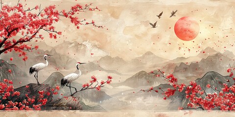 Wall Mural - a natural landscape background with watercolor textures vintage branch and flower decoration cherry blossoms with geometric patterns brush strokes and cranes.illustration