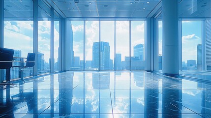 Aufkleber - Business background, minimalist style, office building, skyscrapers, city skyline, bright daylight, meeting room. Generative AI.