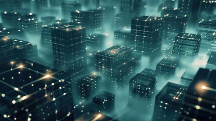 Wall Mural - a 3d rendered image of a modern data infrastructure, with translucent nodes arranged in a grid patte