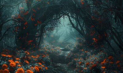 Wall Mural - A dark forest with a mysterious gateway, bordered by twisted, thorny branches and vibrant orange flowers