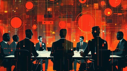 Wall Mural - Businessmen holding a meeting in an office with a digital backdrop an illustration