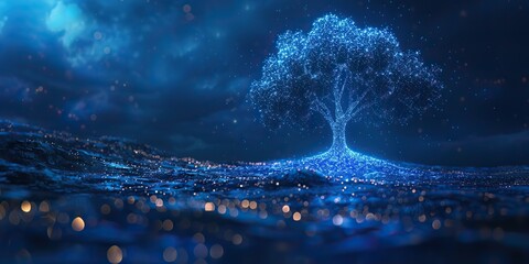 blue cyber polygon tree concept with futuristic element of network technology or big data.stock illustration