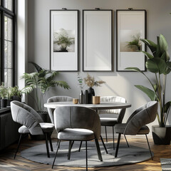 30x45cm blank poster frame on the wall, black thin square picture frames, interior design of a modern dining room, white walls, minimalist style with a wooden floor and a round table with chairs.