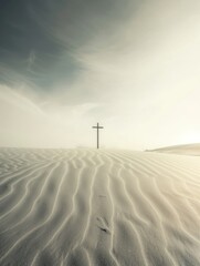 Sticker - Cross in the desert with sand dunes and cloudy sky. Retro style.
