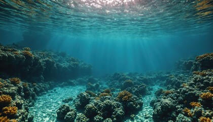 Vibrant coral reef teeming with life, bathed in the warm glow of sunlight filtering through the clear ocean water