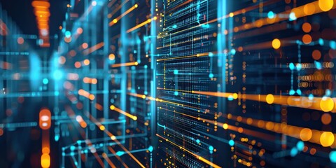 Wall Mural - an abstract digital composition depicting a matrix of data nodes interconnected by glowing lines, cr
