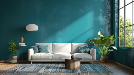 A contemporary living room with a vibrant teal accent wall, complemented by minimalist furniture and decor. The design exudes a sense of modern sophistication, with ample copy space for customization.