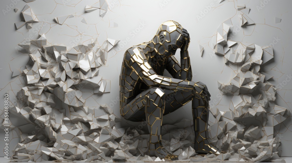 Abstract sculpture of a polygon-studded person in a pose that depicts concern, worry, despair, remorse - amid a crumbling wall studded with polygons. Gray and gold.