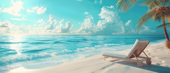 concept of relaxation on the ocean shore, white sand and palm leaves.