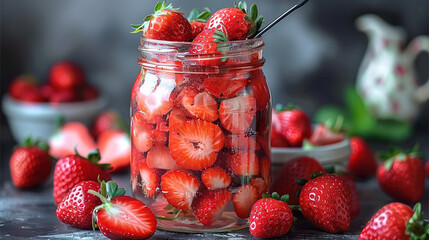   A table holds a jar with strawberries, surrounded by bowls of strawberries and a teapot