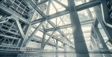 Poster - The industrial space sector, depicting a complex, abstract steel structure that evokes the grandeur and intricacy of the aerospace industry. Generative AI.