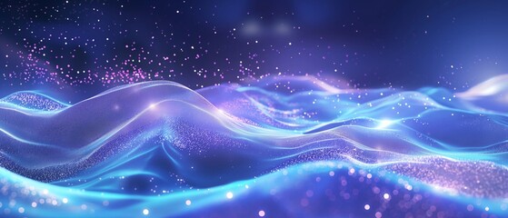 Wall Mural - A blue ocean with a lot of sparkles in it. Digital particles wave and light abstract background