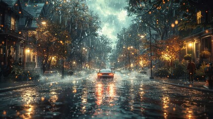Wall Mural - In a post-production environment, realistic rain and thunderstorm effects are meticulously crafted to enhance a dramatic scene. The detailed simulation of weather elements showcases the technology's