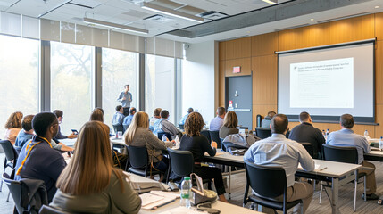 A group of people attending an indoor business presentation in a modern conference room with large windows.