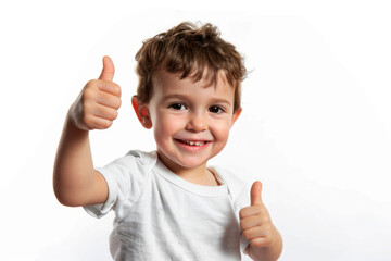 Portrait of a cute boy in a white t-shirt showing thumbs up on a white background. Kids emotions